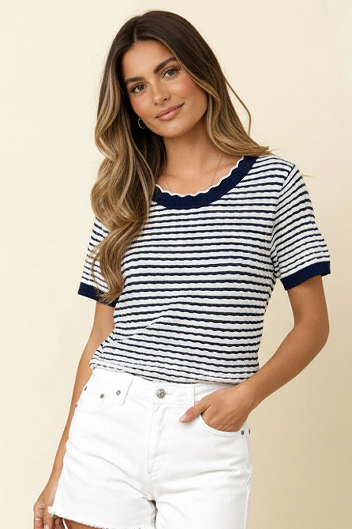 PLUS ROUND SCALLOP NECK JACQUARD SWEATER KNIT TOP