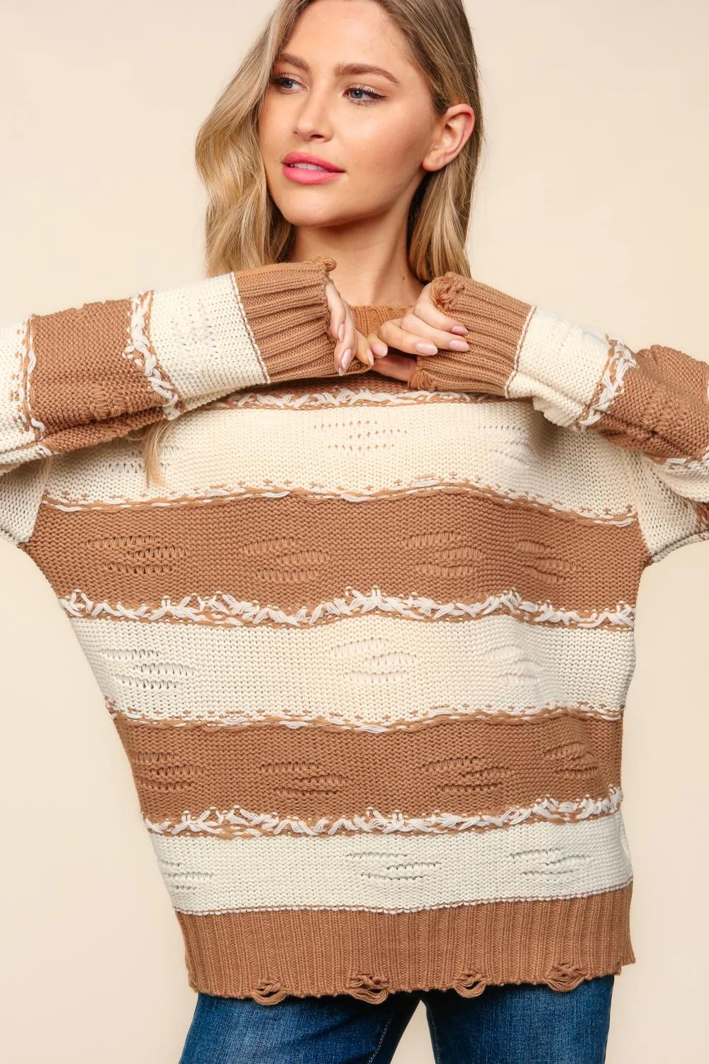 Camel Round Neck Stripe Distressed Loose Fit Sweater