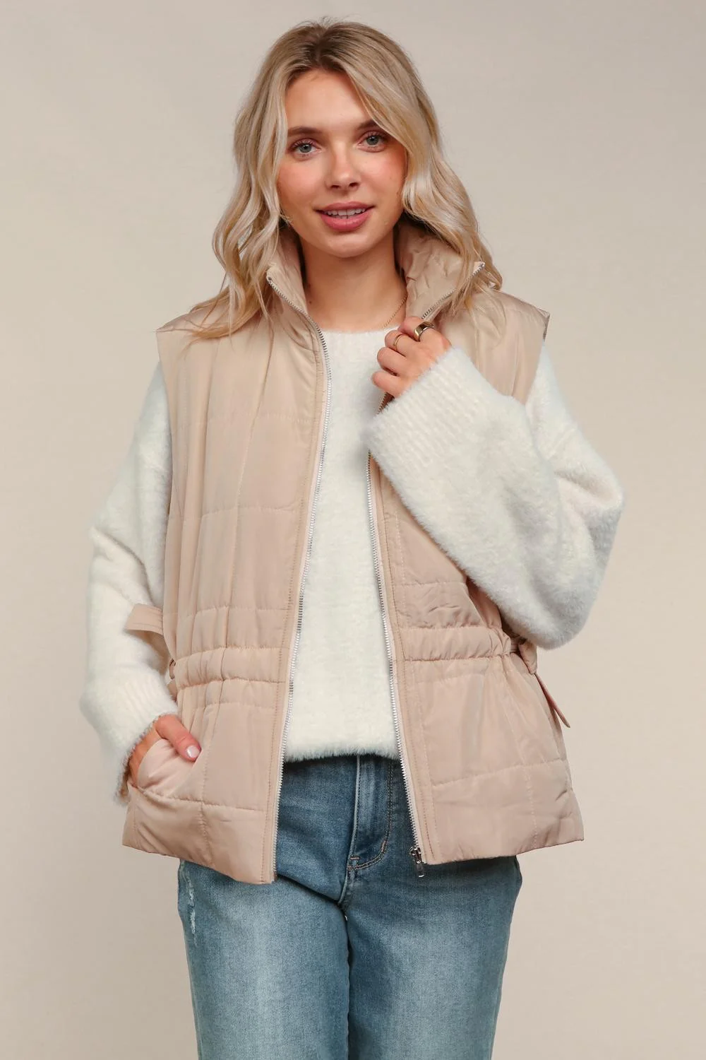 Plus Tan High Neck Zip Up Quilted Puffer Vest