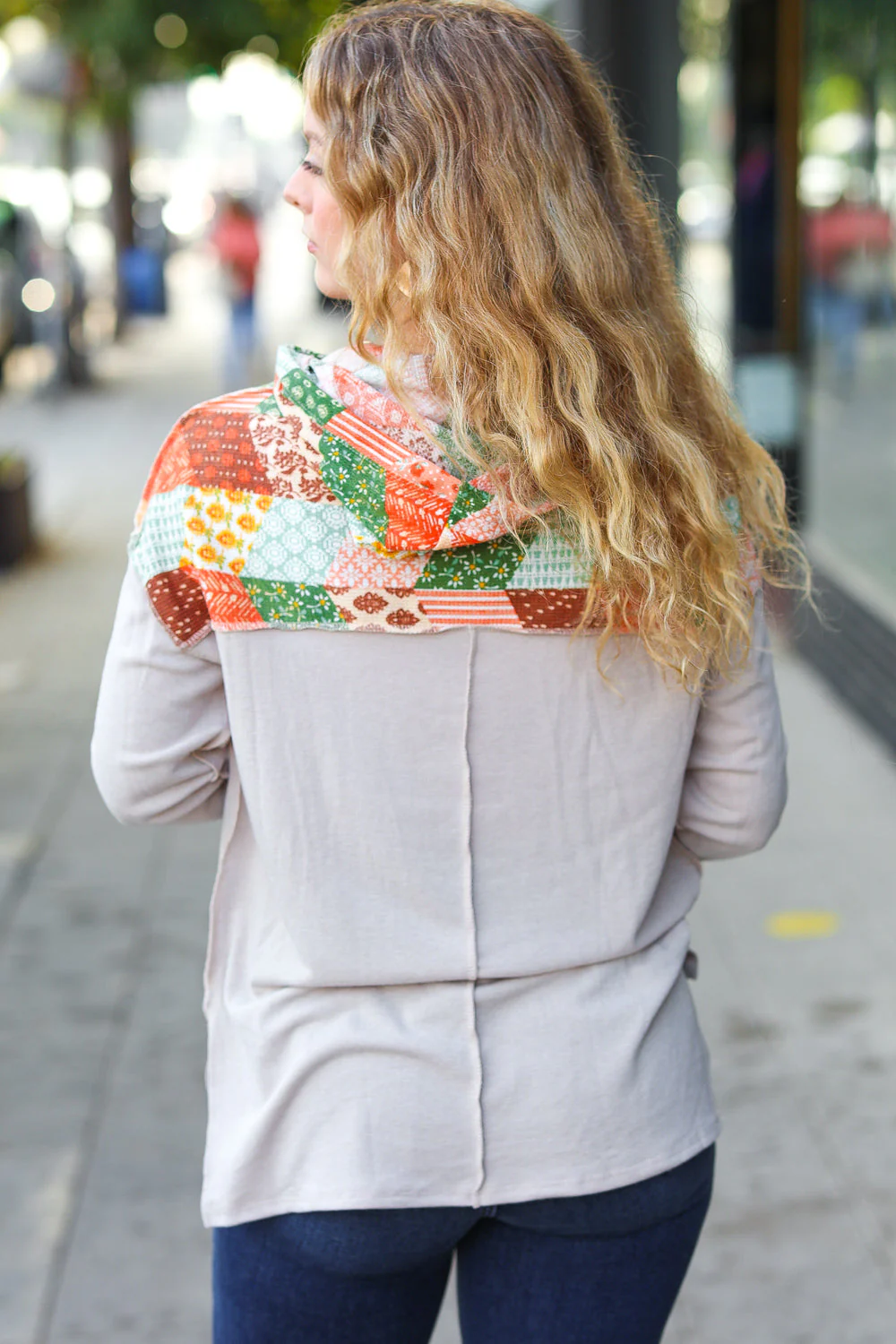 Rust & Olive Patchwork Print Yoke Hoodie Top (Open Pack)