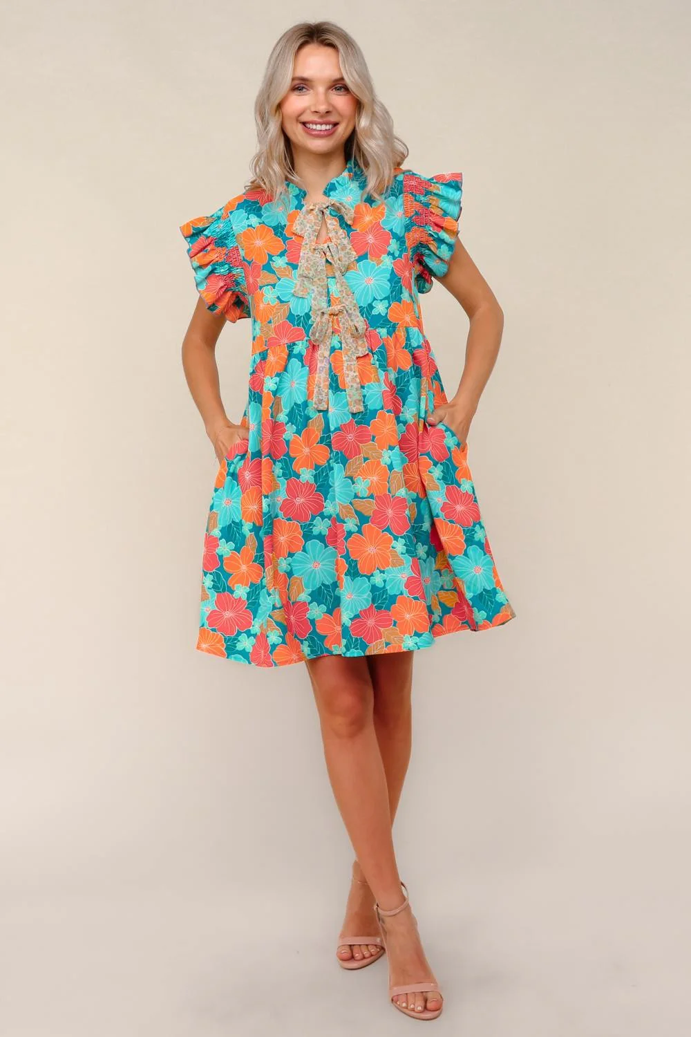 FLORAL CHIFFON DRESS W/ RUFFLE SHORT SLEEVES