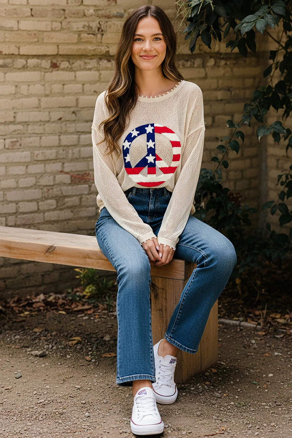PEACE PATRIOTIC EMBROIDERY NETTED SWEATER