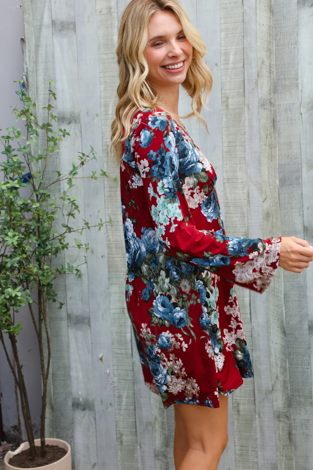 Burgundy Floral Print Dress