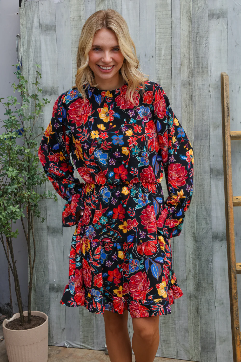 Black Woven Floral Print Dress