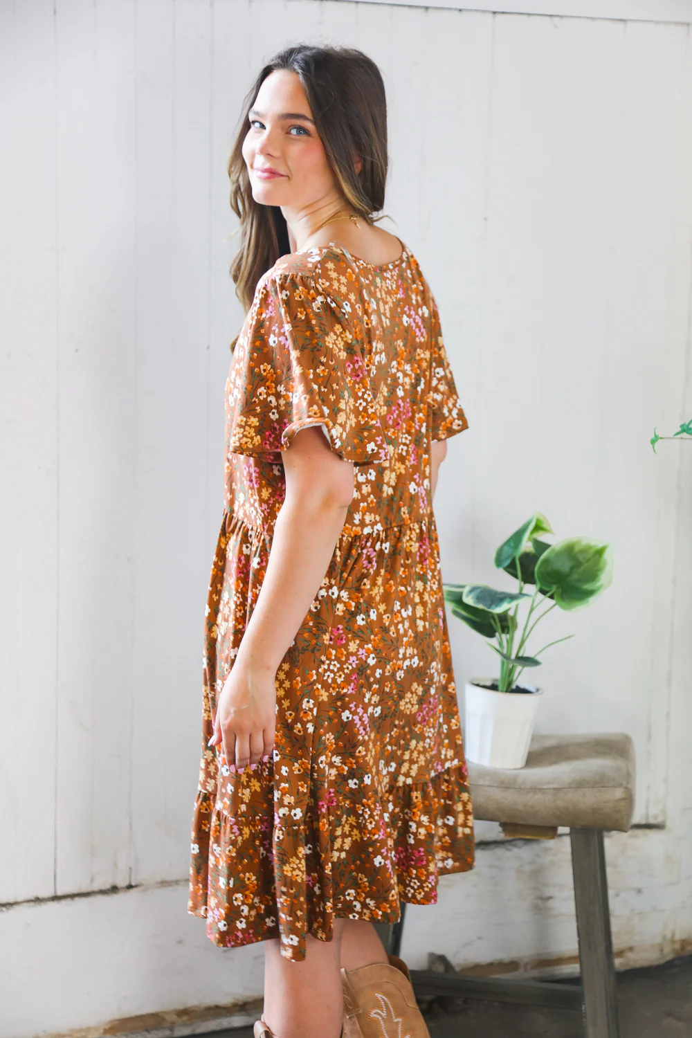 Plus Camel Floral Dress
