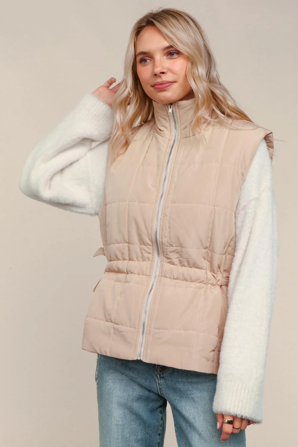 Plus Tan High Neck Zip Up Quilted Puffer Vest