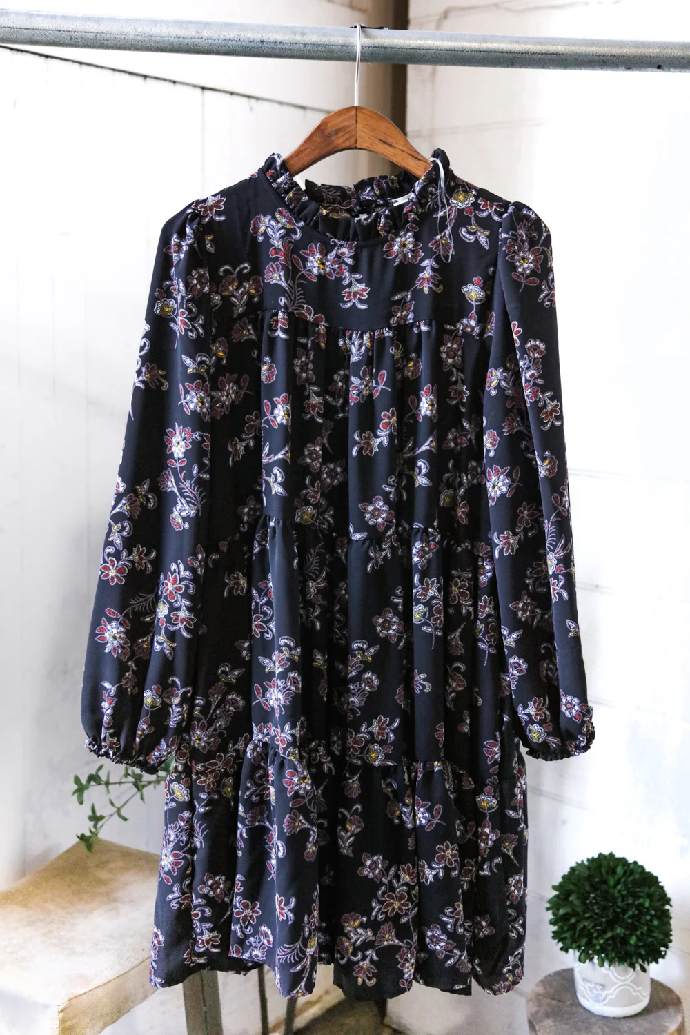 Black Frilled Mock Neck Tiered Floral Woven Dress