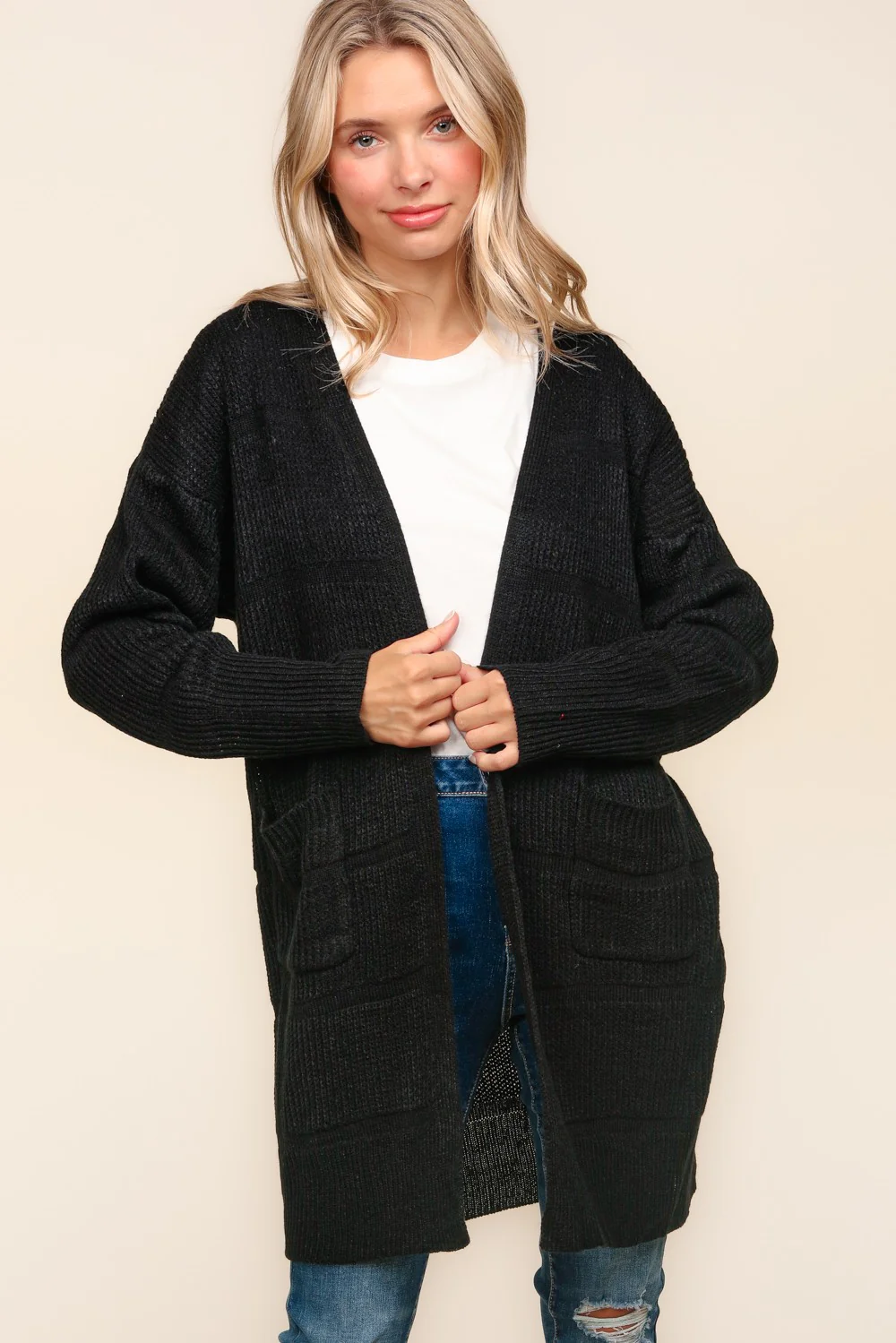BLACK STRIPE TEXTURED OPEN CARDIGAN WITH POCKETS