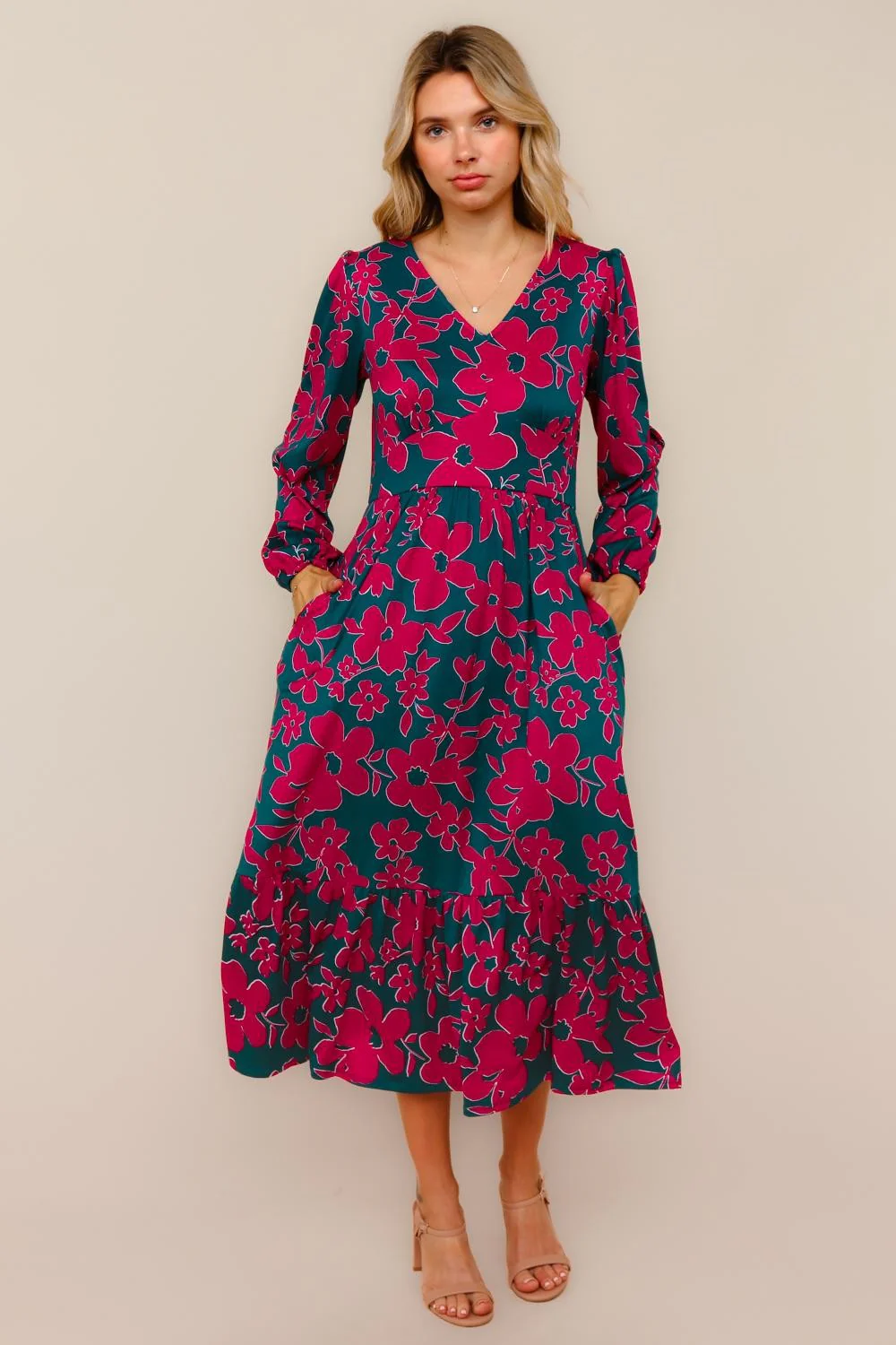 Teal/Magenta Vintage Floral Midi Ruffle Hem Dress