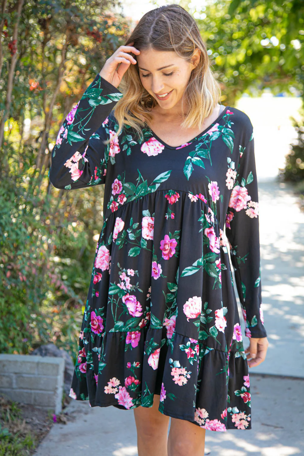 Plus Midnight Floral Tiered Babydoll Dress with Pockets