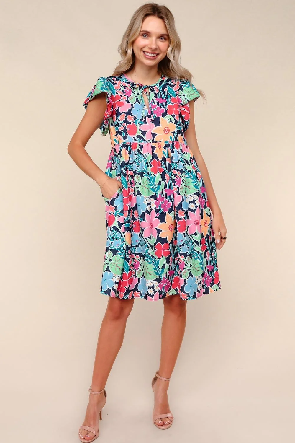 NAVY FLORAL KNEE LENGTH DRESS W/ SIDE POCKETS
