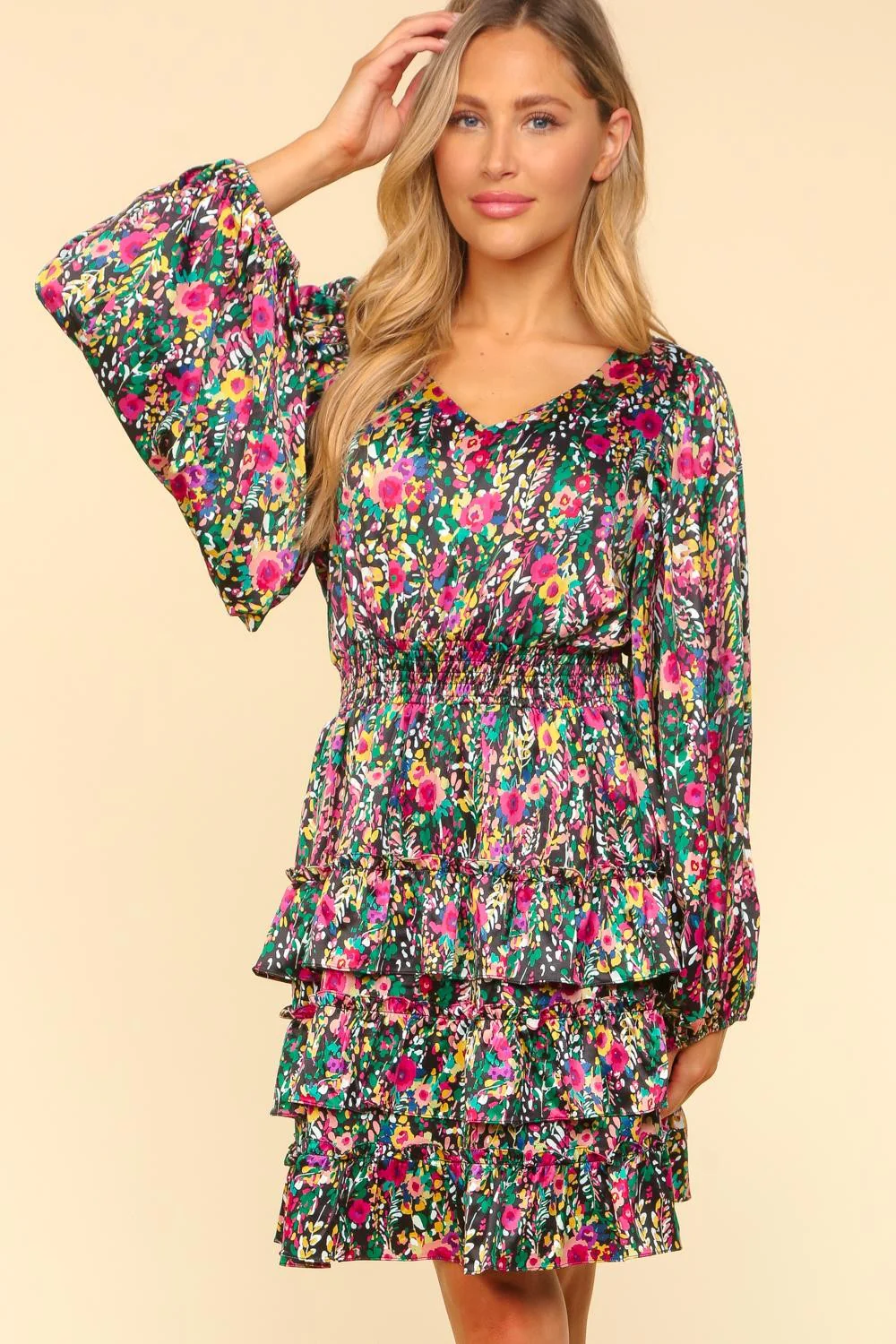 PLUS HIGH LOW KNEE LENGTH SATIN FLORAL WOVEN DRESS