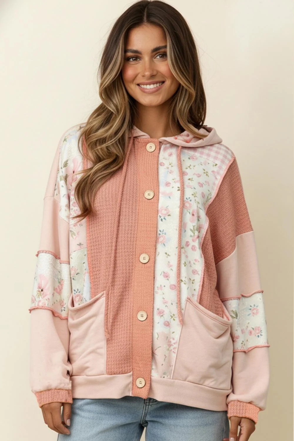 PLUS BUTTON WAFFLE FLORAL COLOR BLOCK HOODIE JACKET