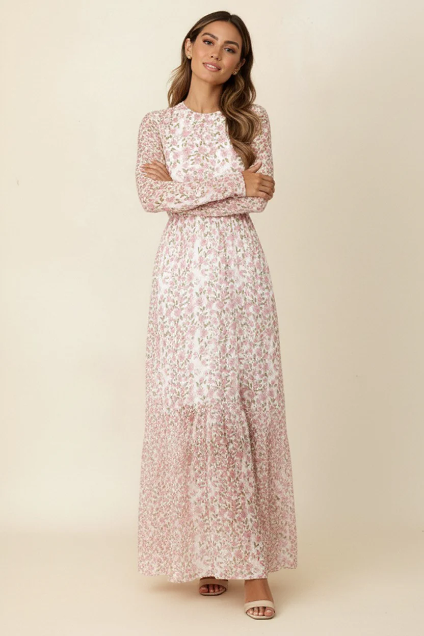 LONG SLEEVE FLORAL MESH MIDI DRESS