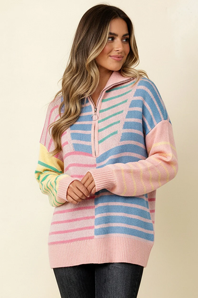 HALF ZIP UP STRIPE OVERSIZED SWEATER KNIT TOP