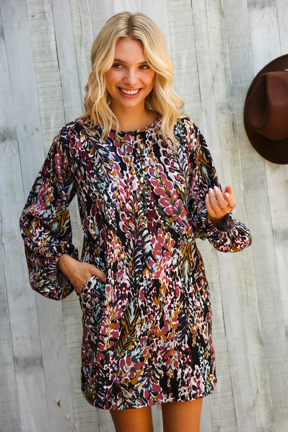 Black Floral Pocketed Dress