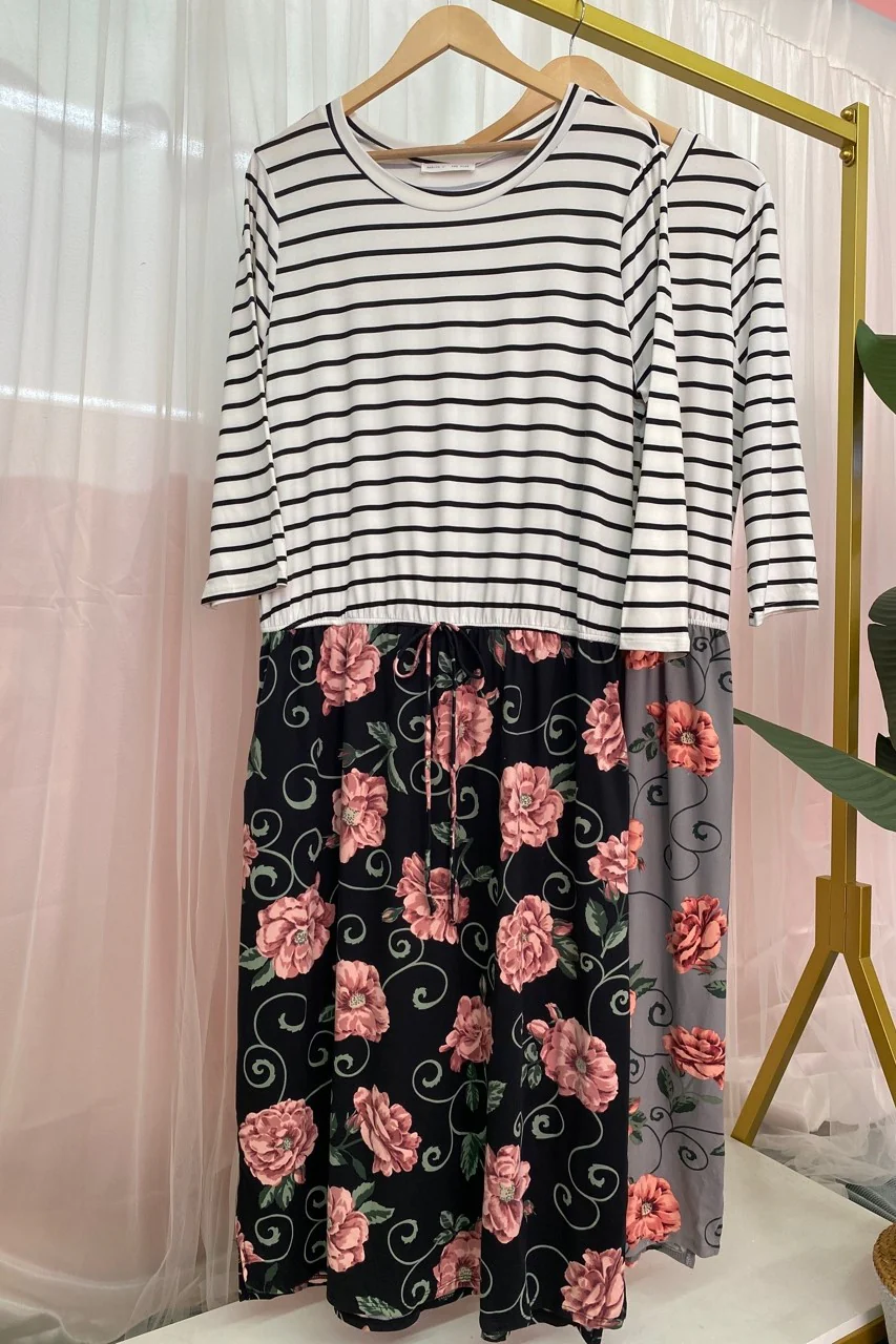 Plus BLACK FLoral Striped Casual Dress