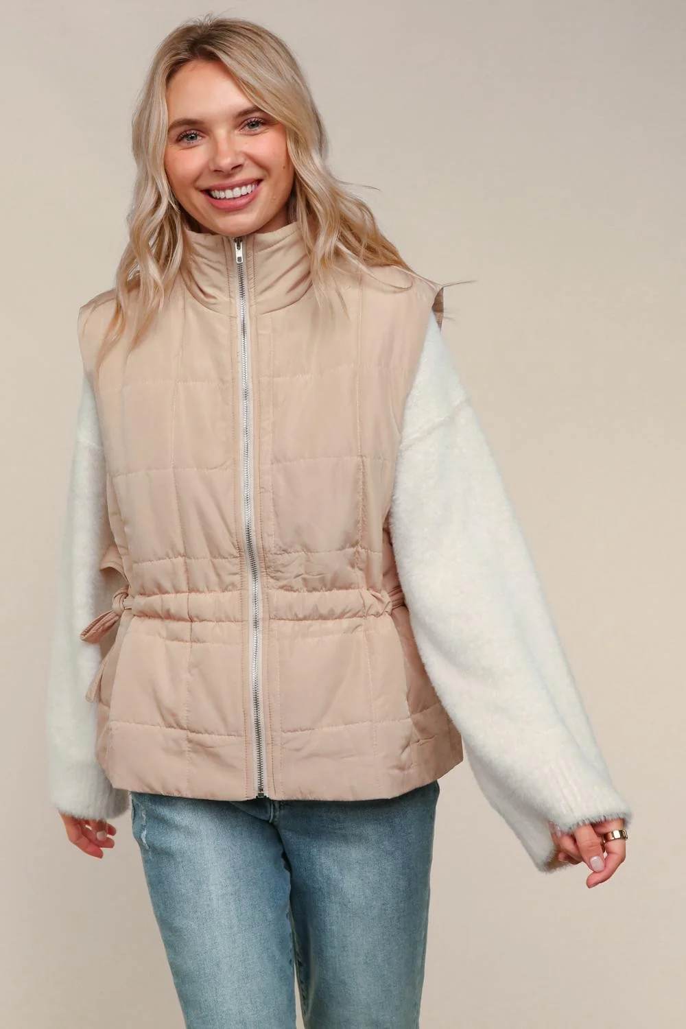 Plus Tan High Neck Zip Up Quilted Puffer Vest