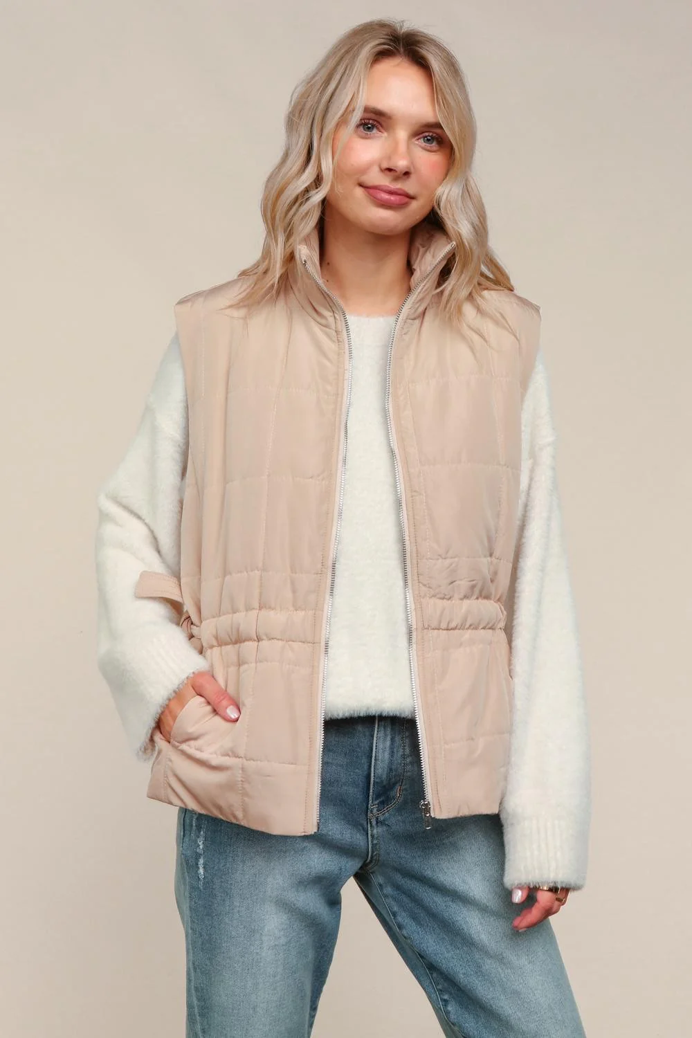 Plus Tan High Neck Zip Up Quilted Puffer Vest