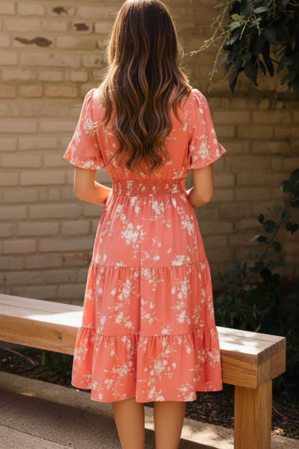 FRILLED NOTCH NECK SMOCKED WAIST FLORAL DRESS