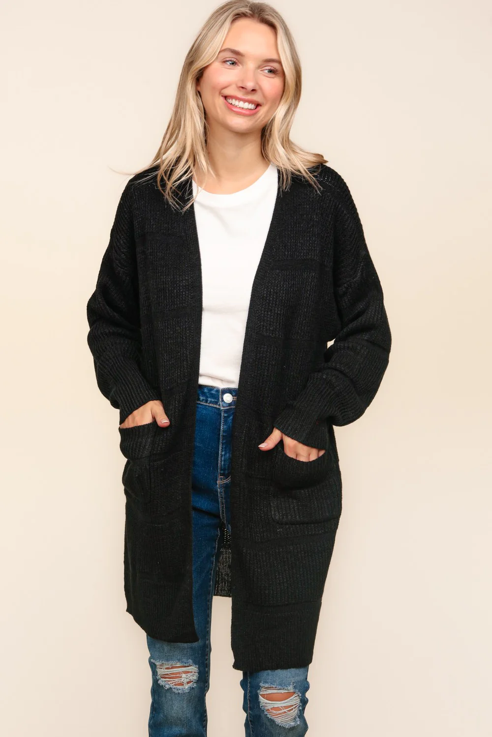 BLACK STRIPE TEXTURED OPEN CARDIGAN WITH POCKETS