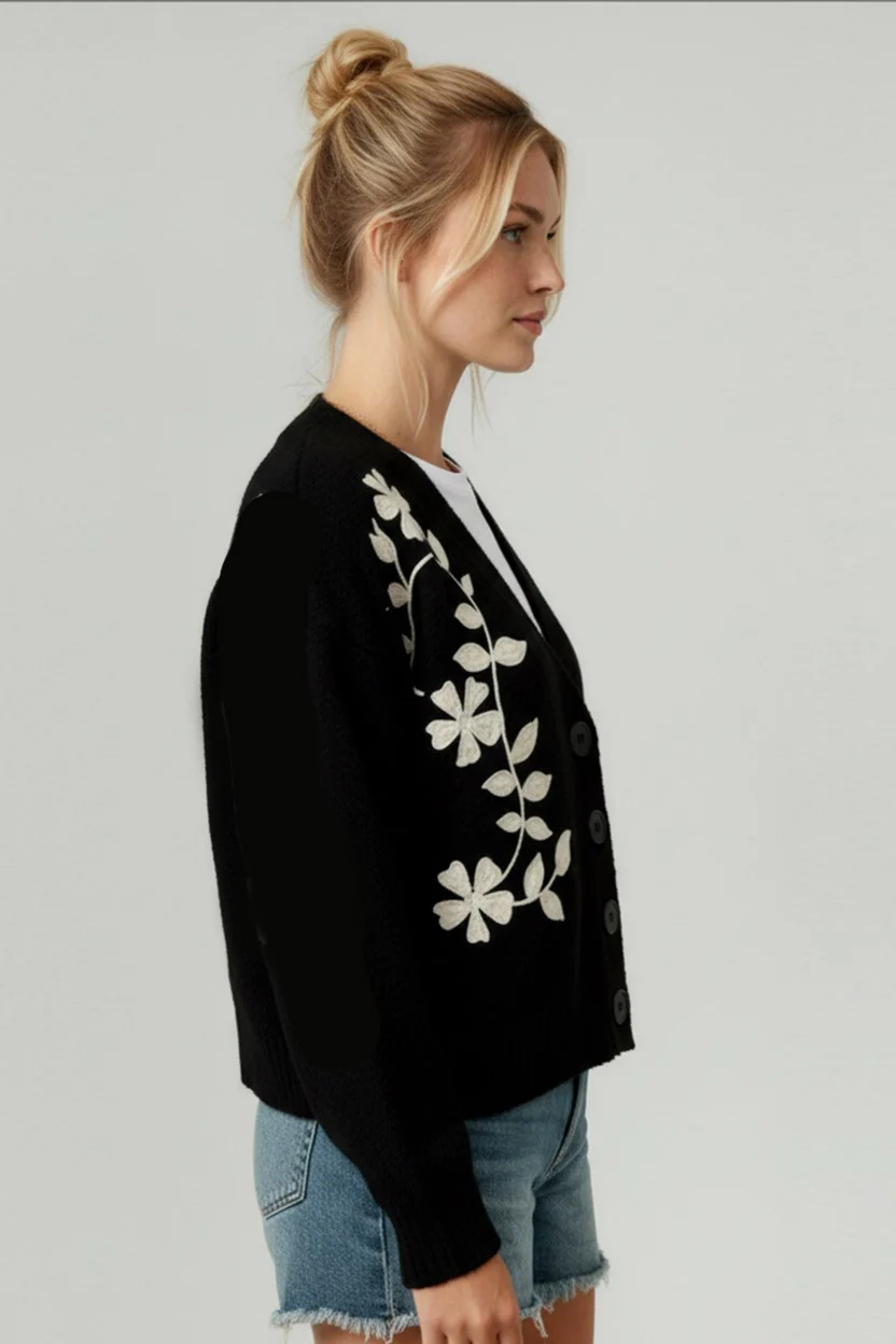 PLUS BUTTON DOWN EMBROIDERED FLORAL SWEATER CARDIGAN