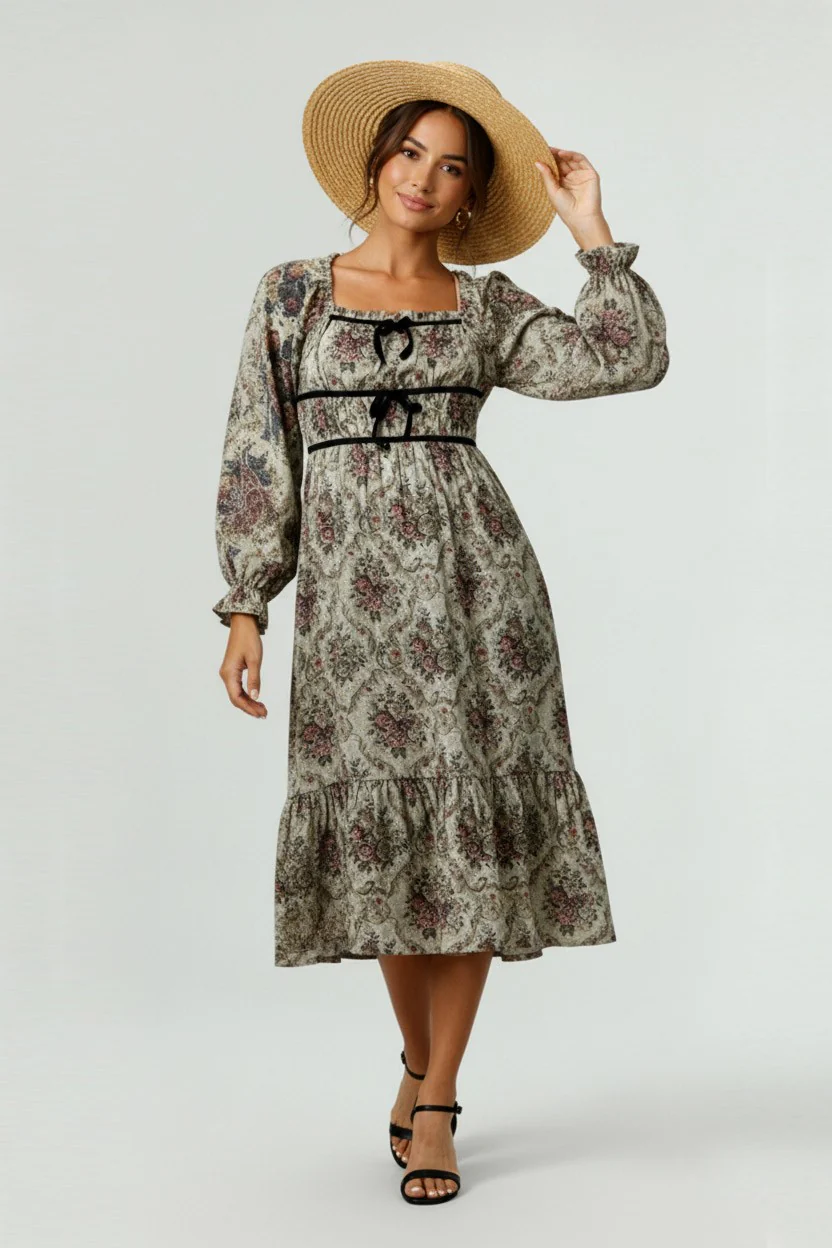 SHIRRED SMOCKING VINTAGE FLORAL PRINT MIDI DRESS