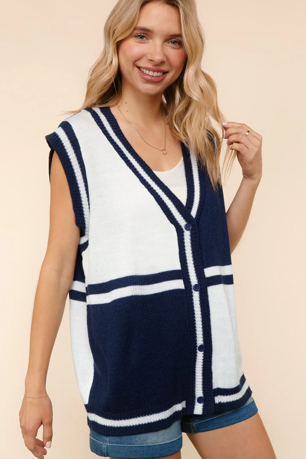 Plus Navy V Neck Button Down Color Block Sweater Vest