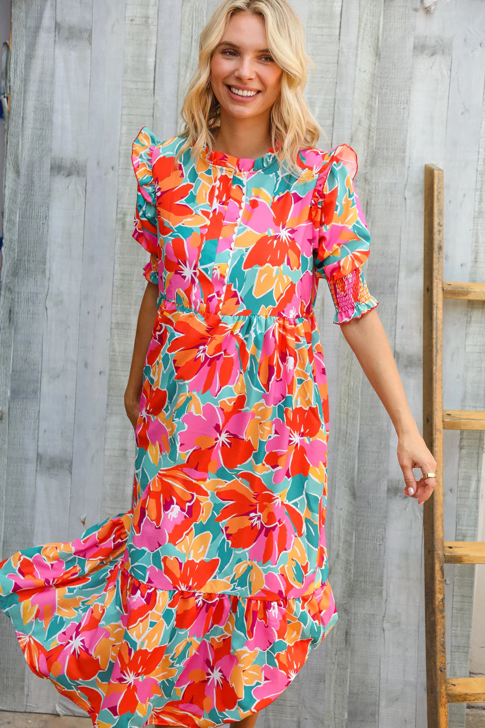 Dazzle In Orange & Aqua Floral Smocked Notched Neck Midi Dress (Open Pack)