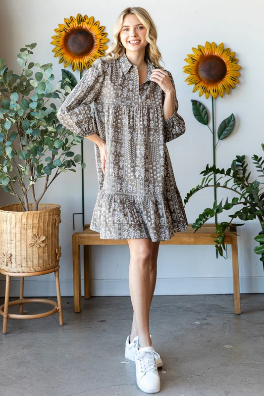 Off Olive Floral Design Woven Dress