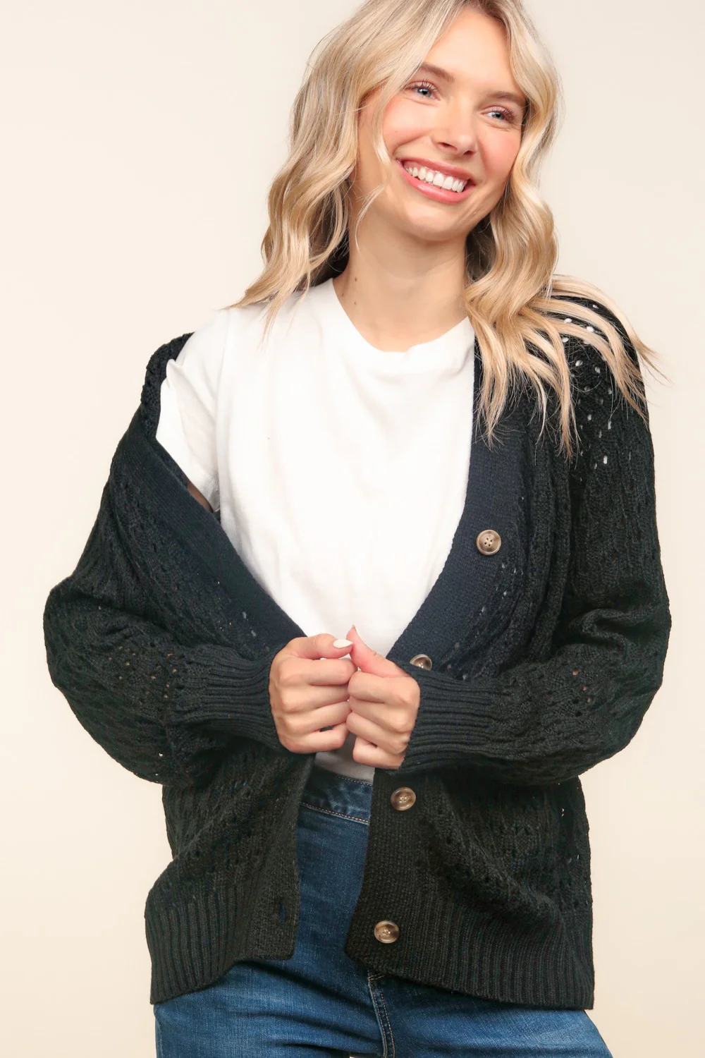 BUTTON DOWN POINTELLE SOLID SWEATER CARDIGAN