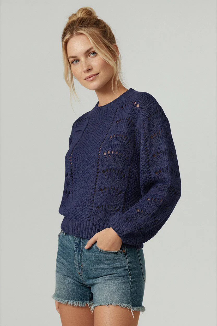 NAVY SCALLOP CROCHET PULLOVER SWEATER