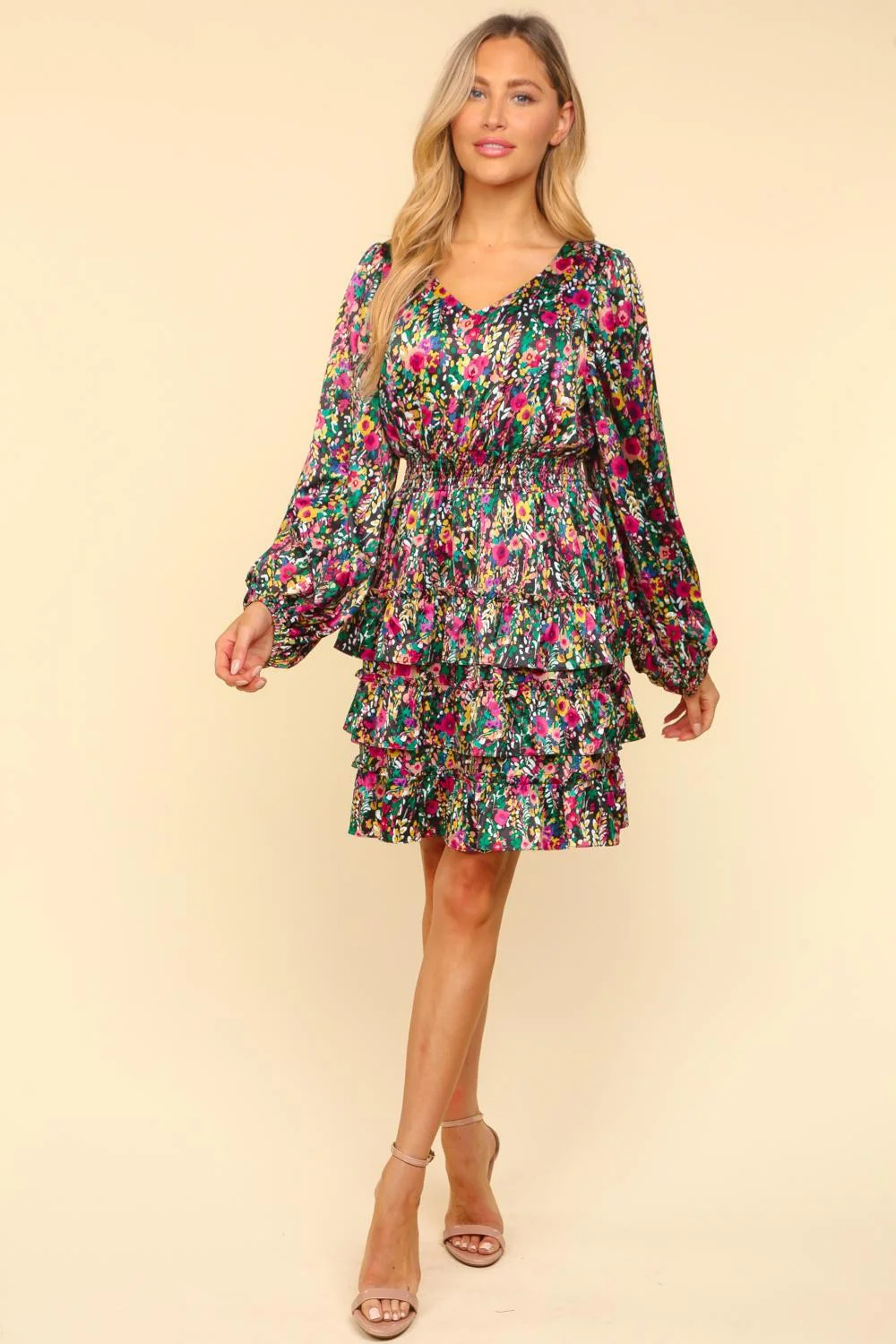 PLUS HIGH LOW KNEE LENGTH SATIN FLORAL WOVEN DRESS