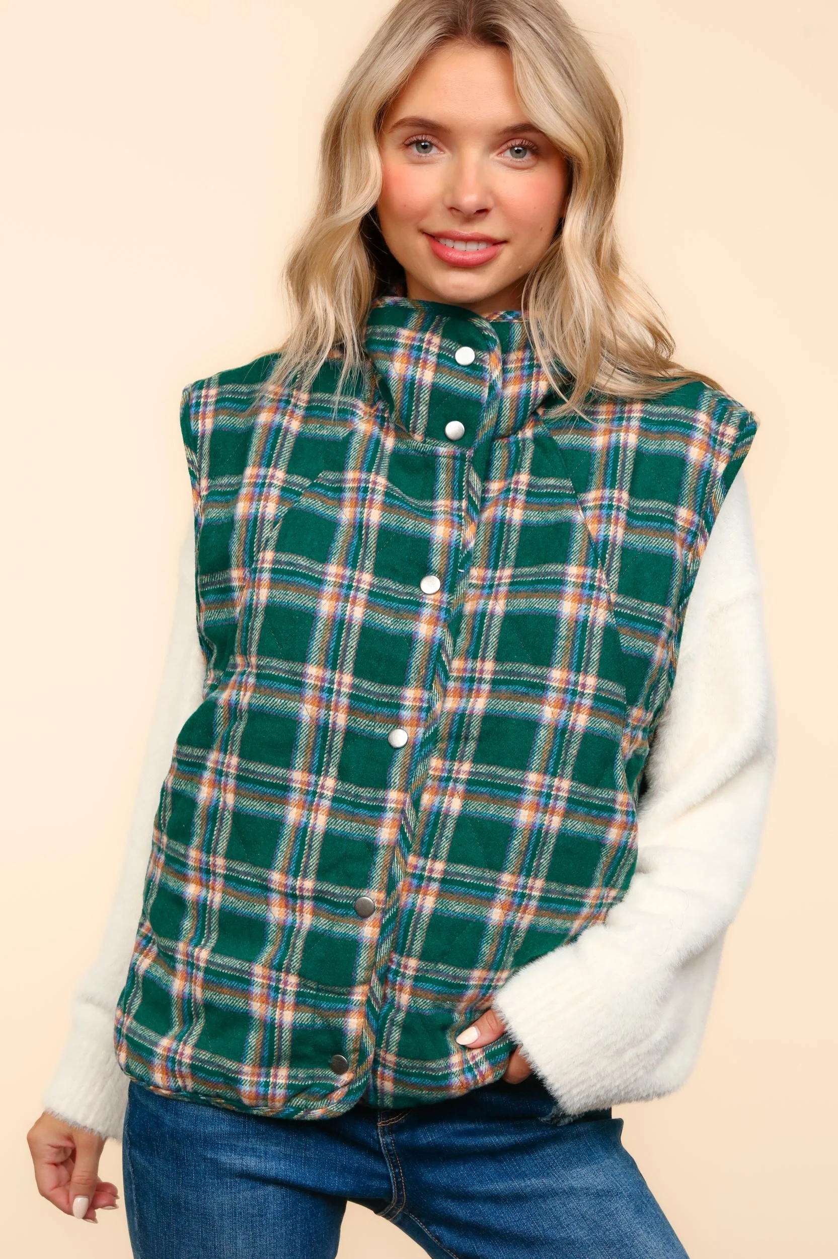 HIGH NECK SNAP BUTTON DOWN PLAID PUFFER VEST