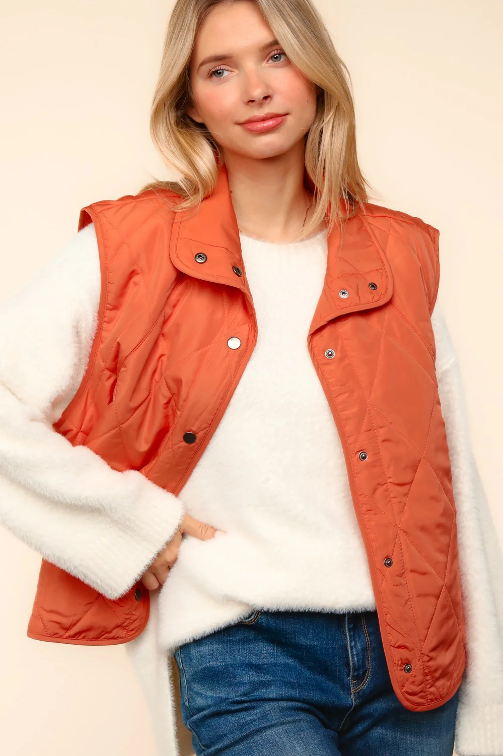 Rust Sleeveless Snap Button Quilted Puffer Vest