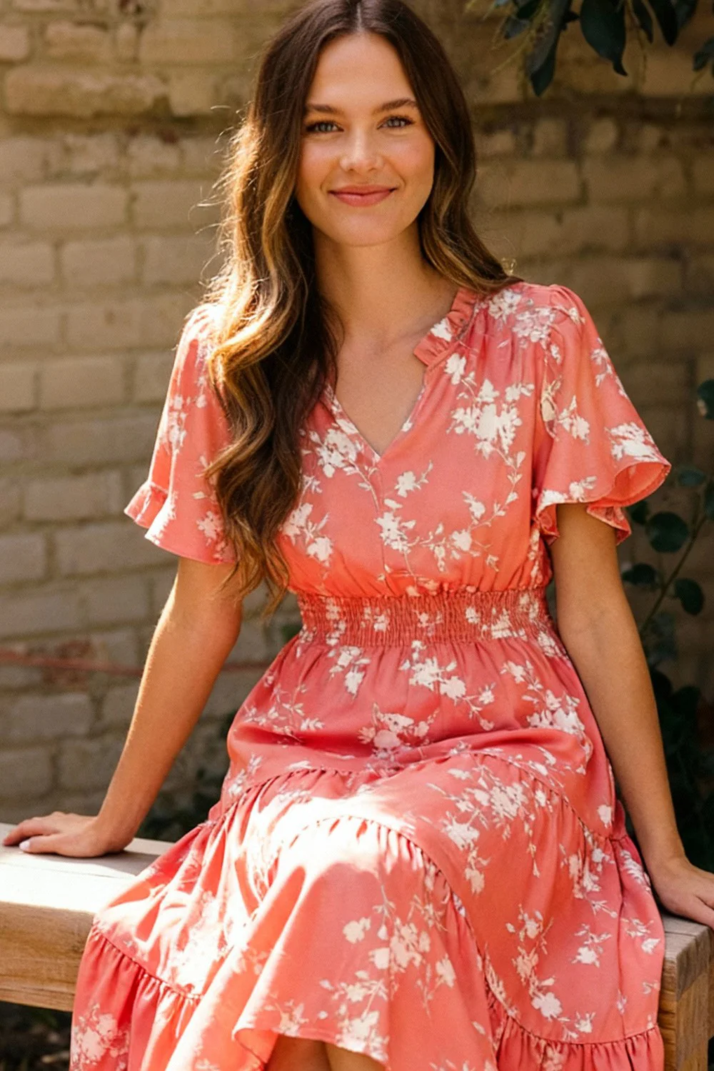 PLUS FRILLED NOTCH NECK SMOCKED WAIST FLORAL DRESS