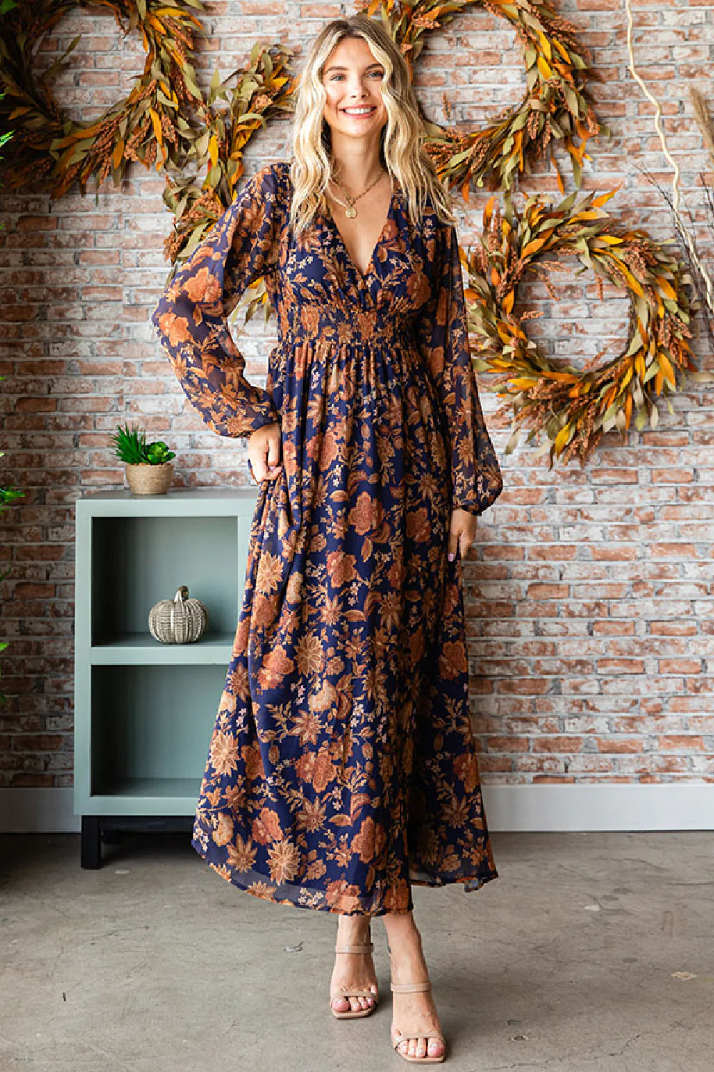 NAVY & GOLD WOVEN FLORAL DRESS