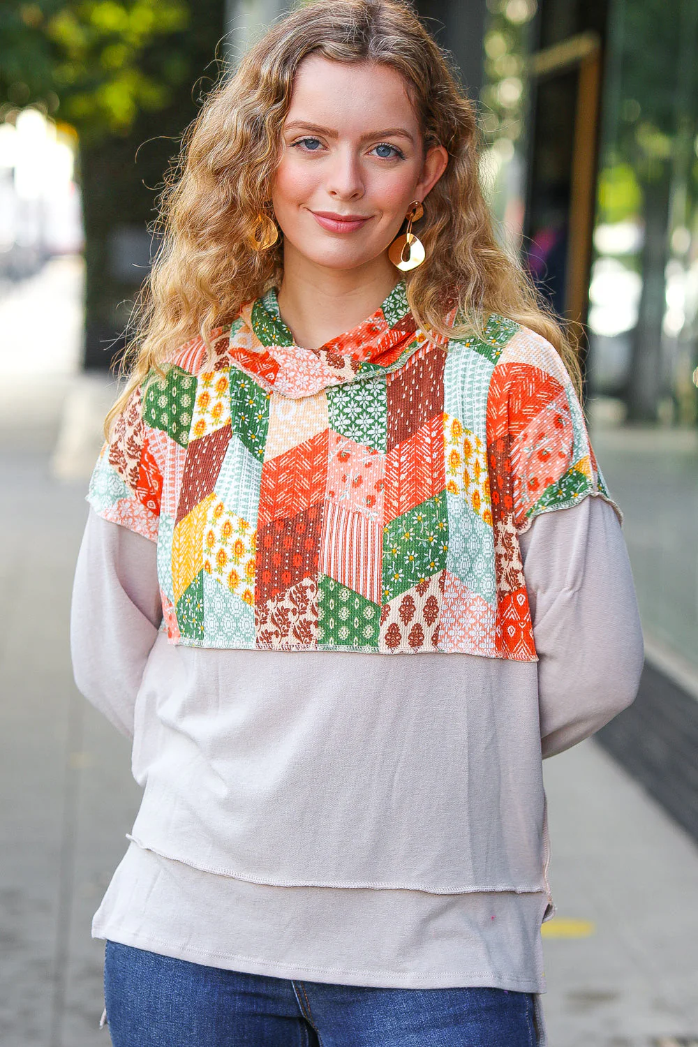 Rust & Olive Patchwork Print Yoke Hoodie Top (Open Pack)