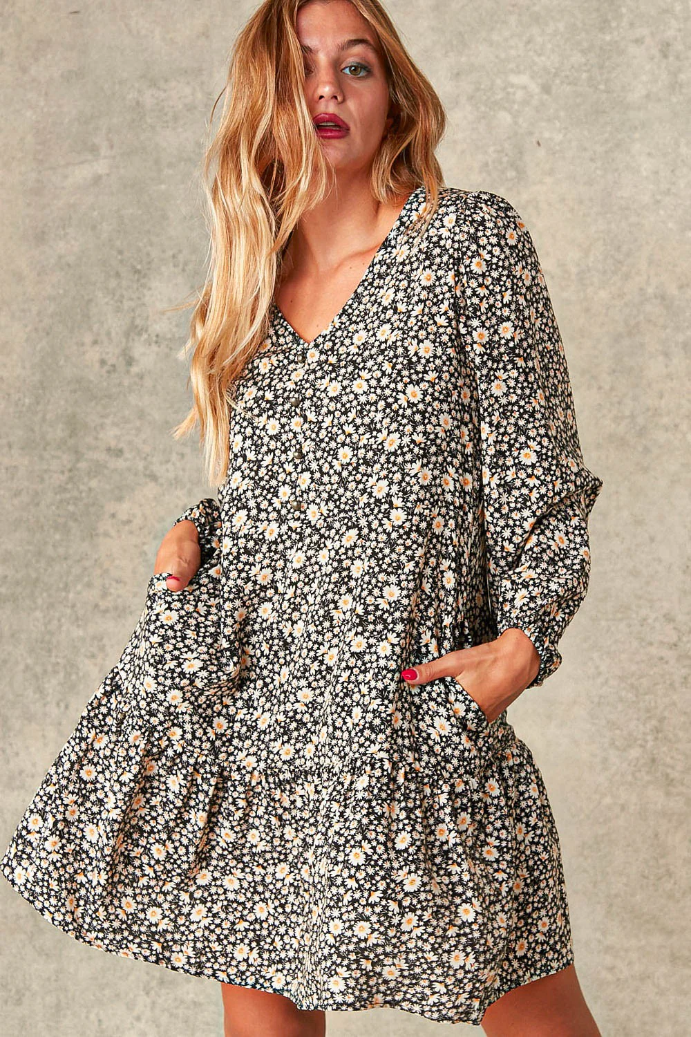 PLUS CHALLIS FLORAL V NECK BABYDOLL TIERED DRESS