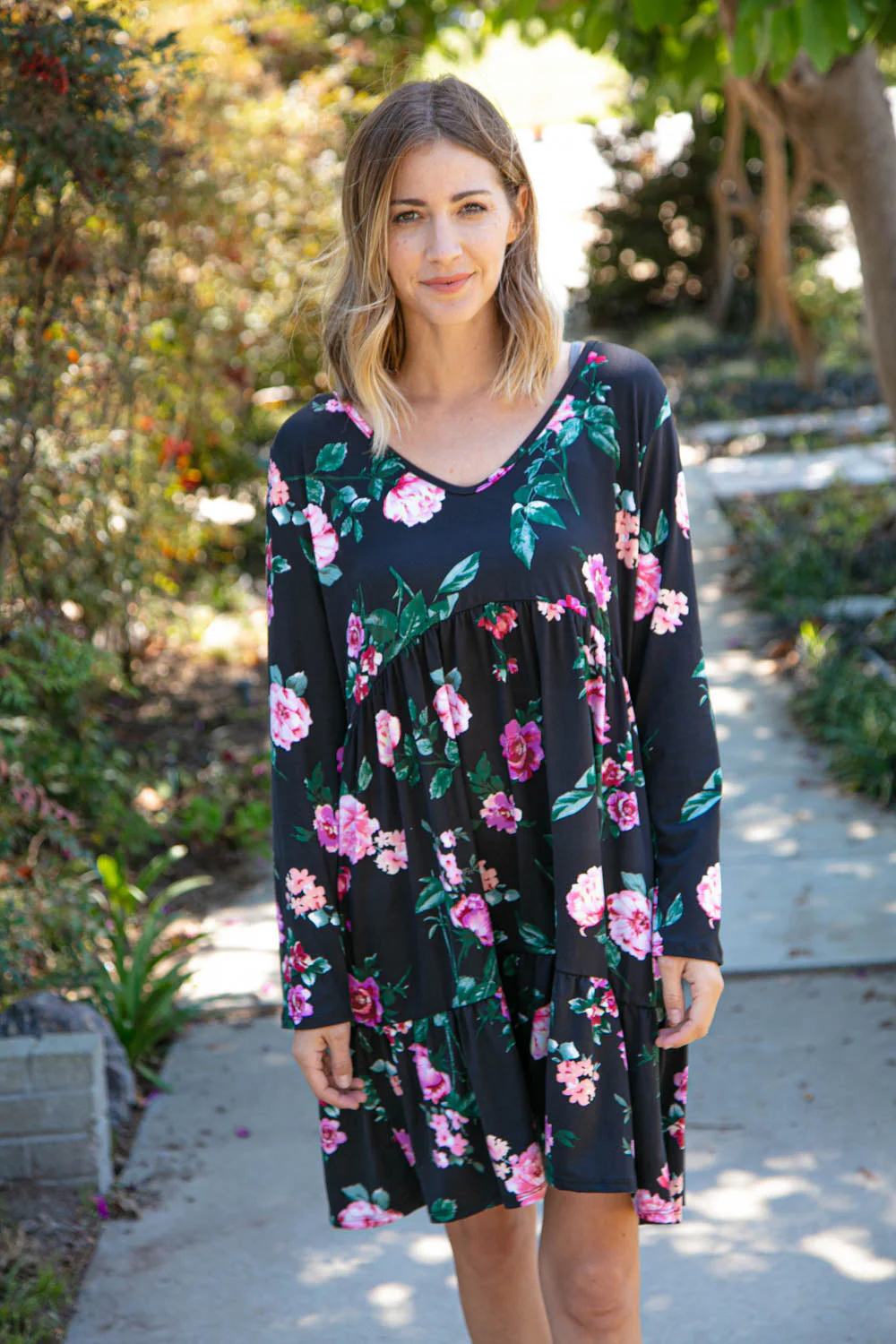 Plus Midnight Floral Tiered Babydoll Dress with Pockets