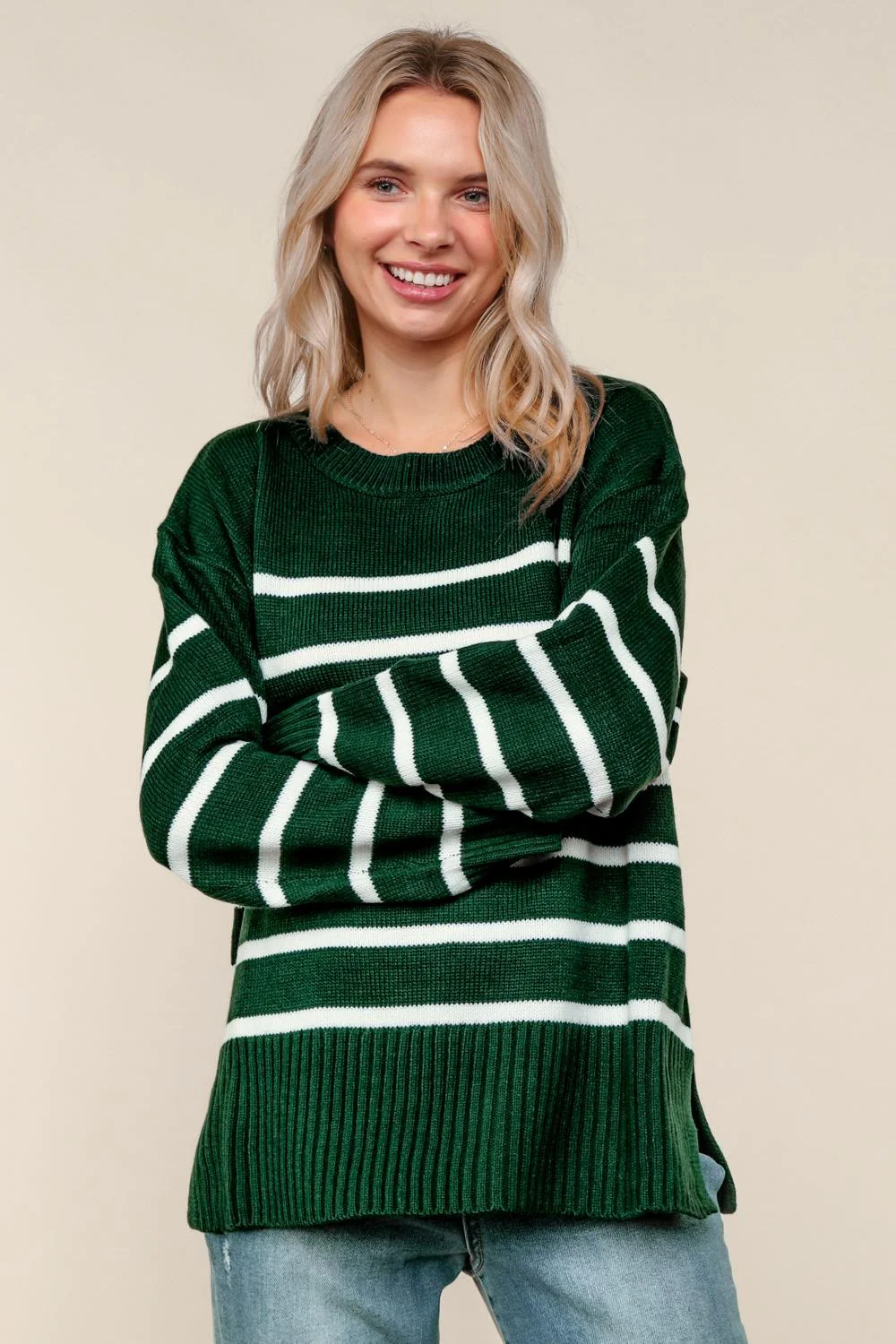 Hunter Green Loose Fit Pullover Stripe Sweater