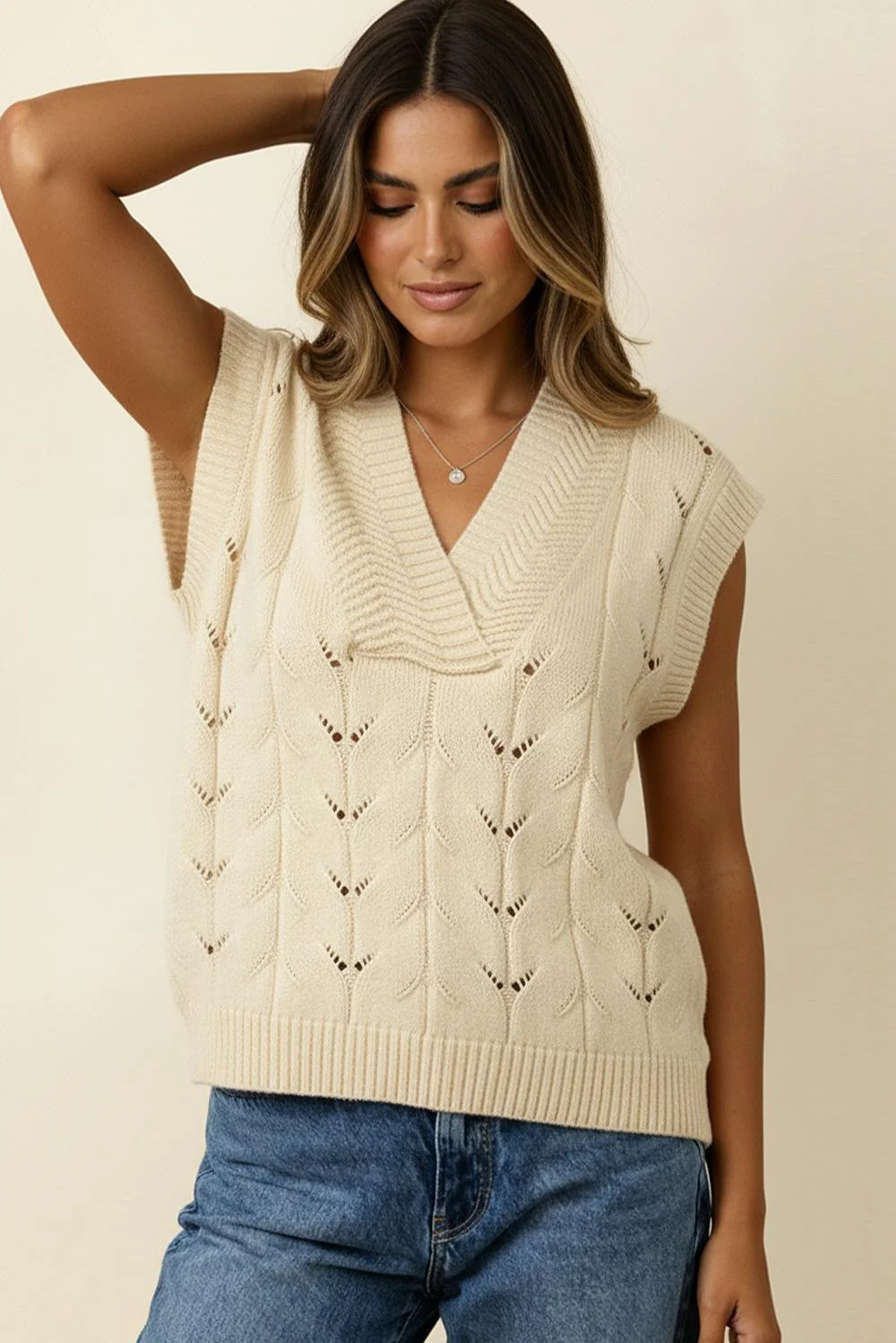 PLUS DOLMAN SHORT SLEEVE CABLE SWEATER TOP
