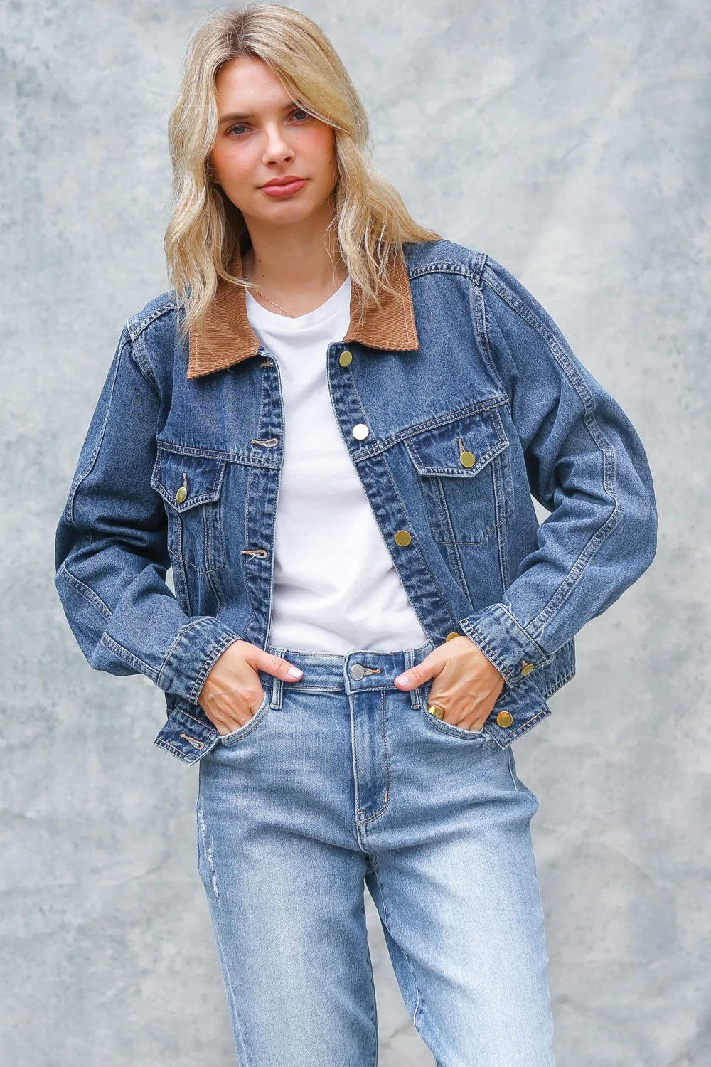 PLUS CORDUROY COLLAR BUTTON DOWN DENIM JACKET