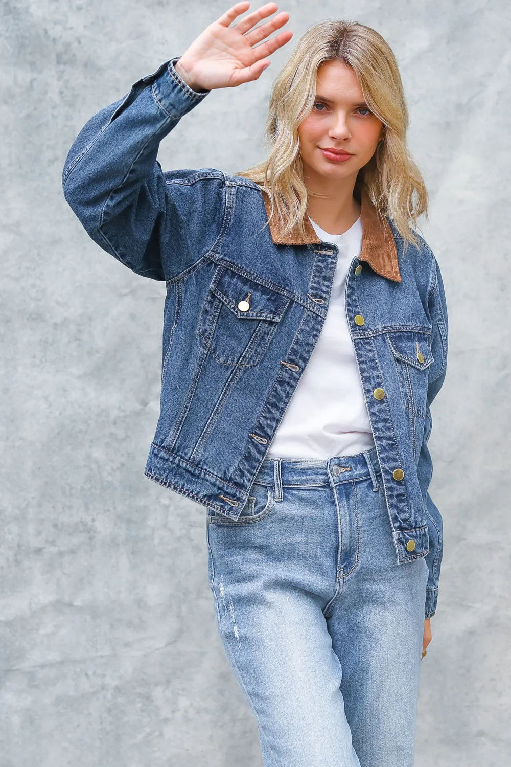 PLUS CORDUROY COLLAR BUTTON DOWN DENIM JACKET