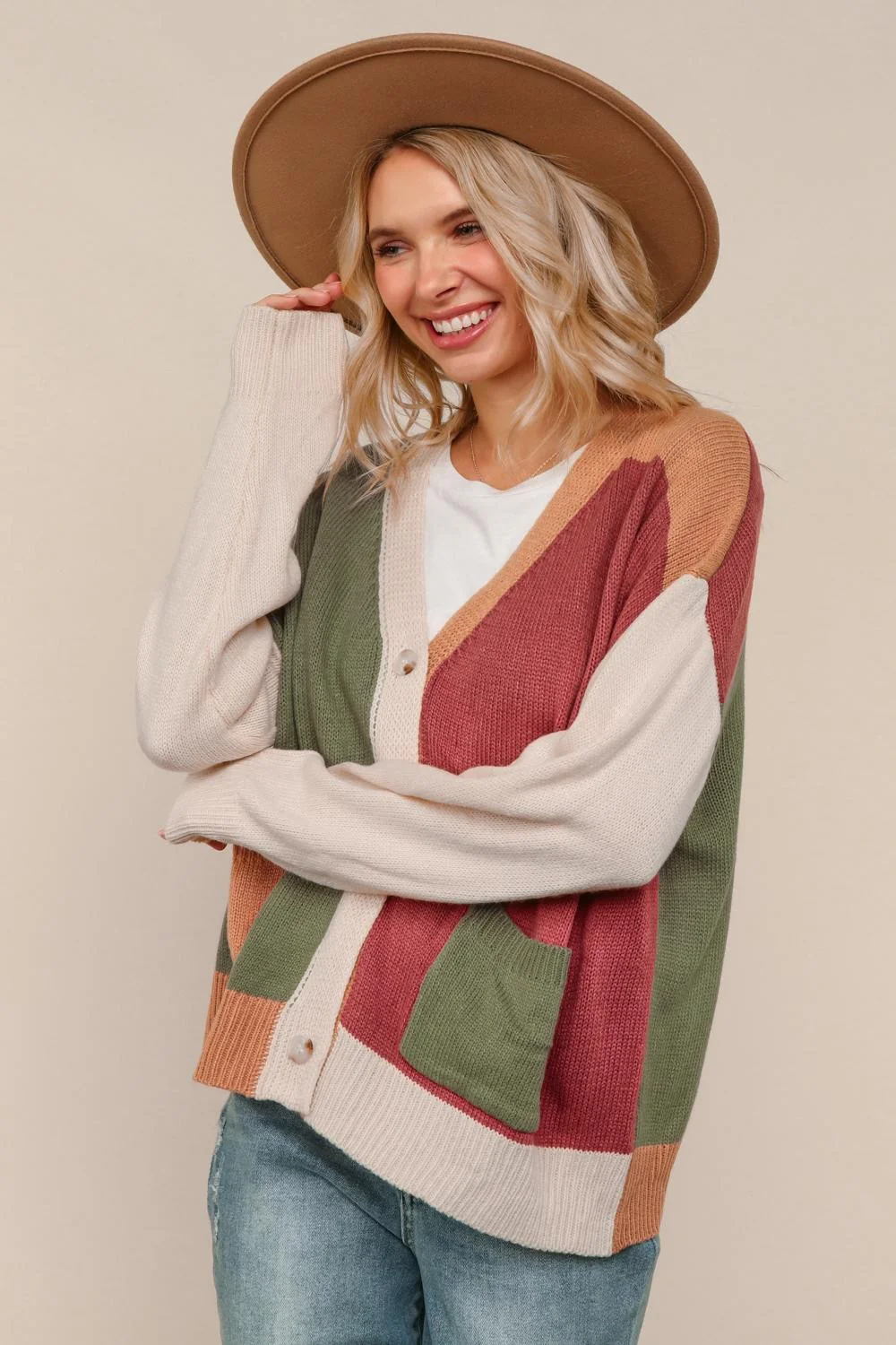 PLUS COLOR BLOCK SWEATER CARDIGAN W/POCKET