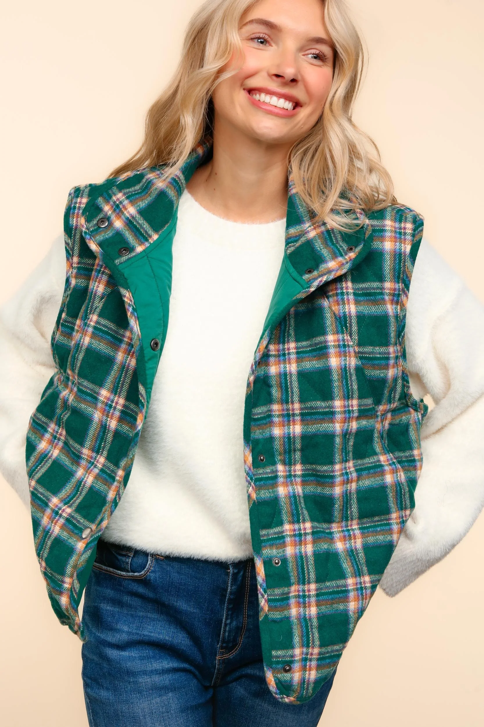 HIGH NECK SNAP BUTTON DOWN PLAID PUFFER VEST