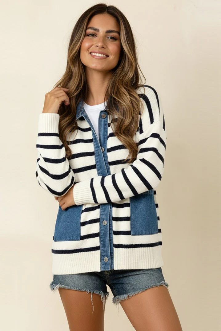 DENIM STRIPE SWEATER CARDIGAN W/ POCKET