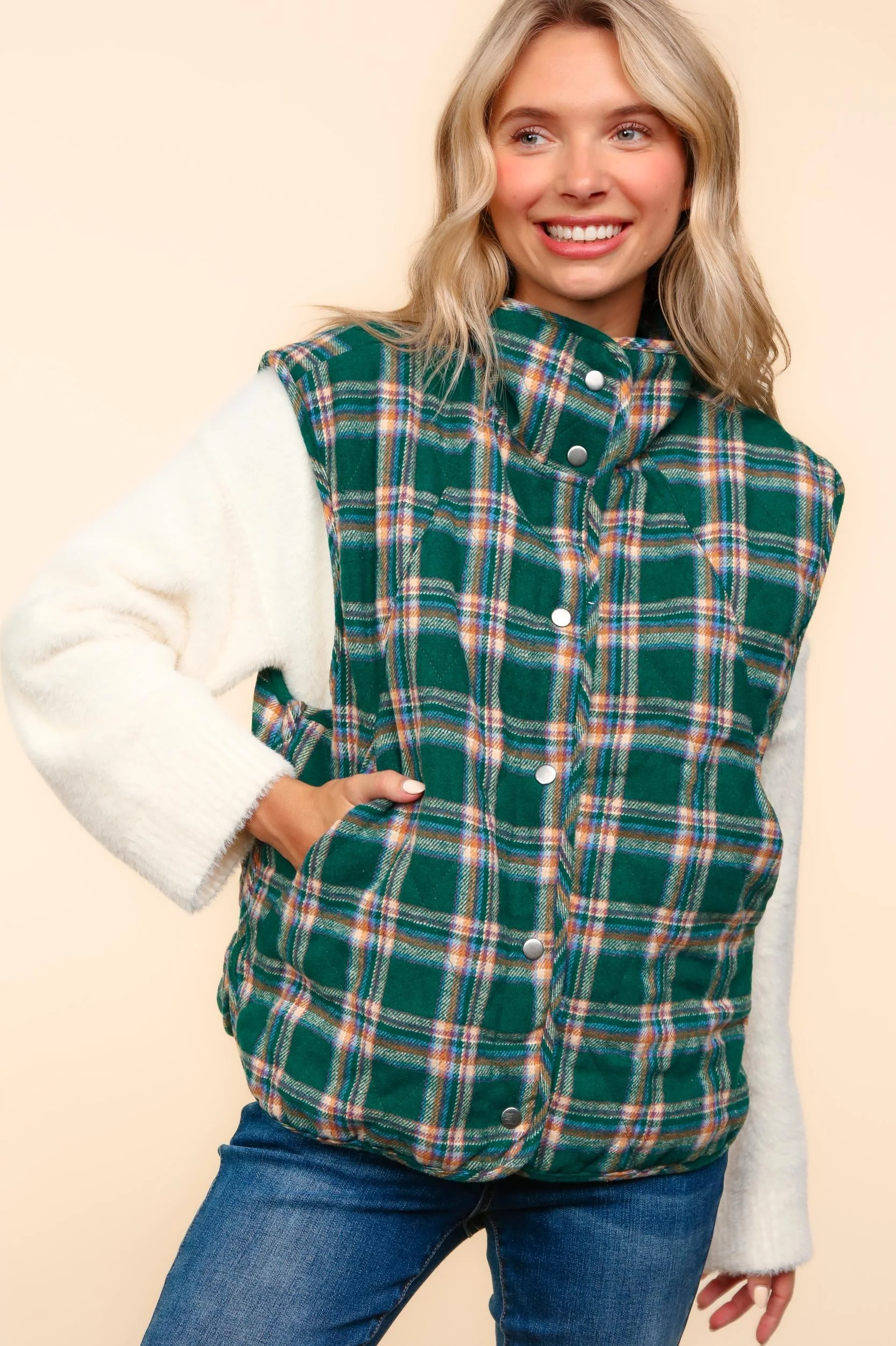 HIGH NECK SNAP BUTTON DOWN PLAID PUFFER VEST