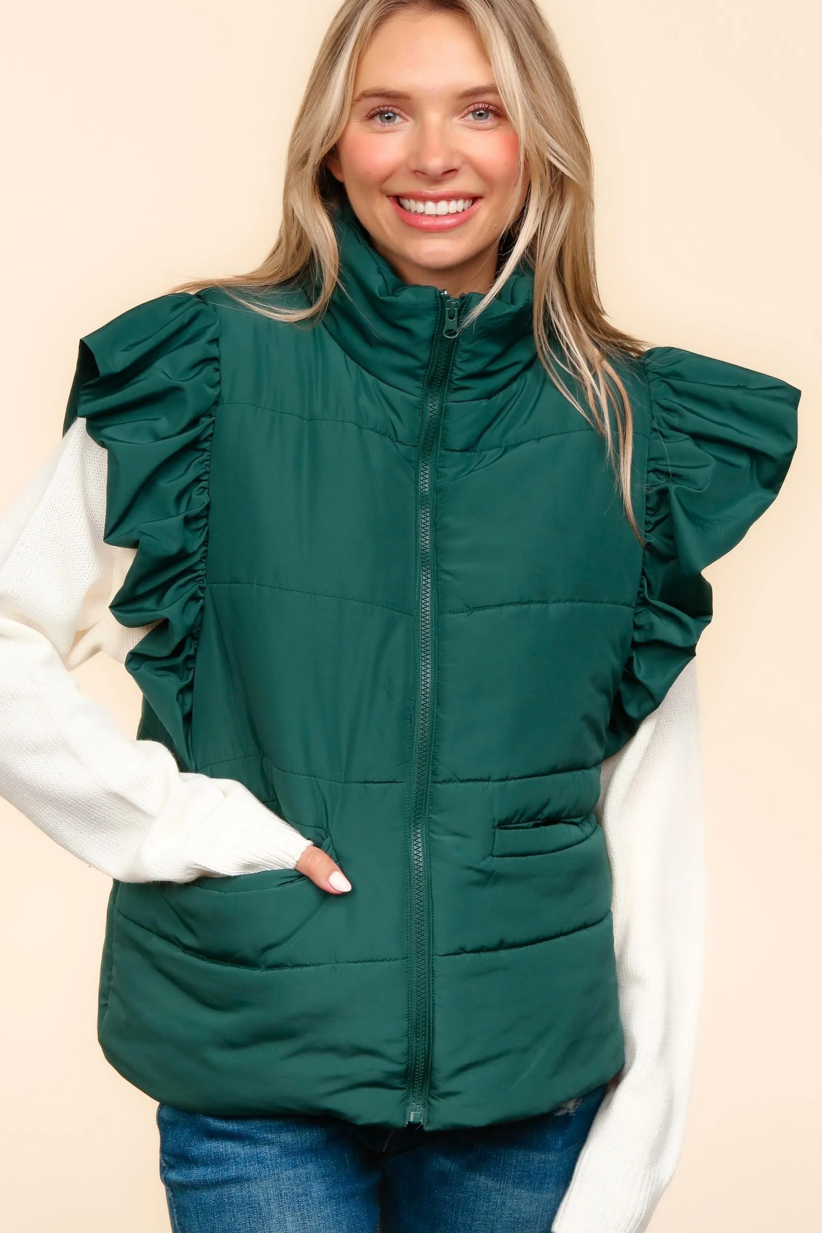 PLUS HIGH NECK ZIPPER UP RUFFLE SLEEVE PUFFER VEST