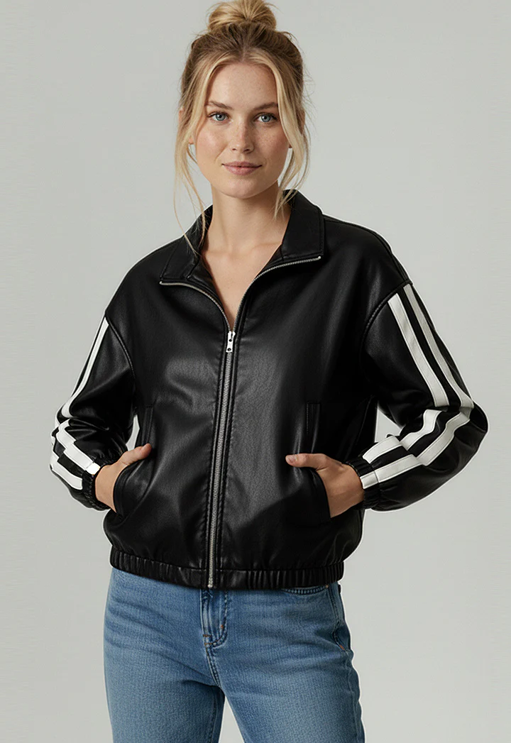 FAUX LEATHER COLOR BLOCK HIGH NECK ZIP JACKET